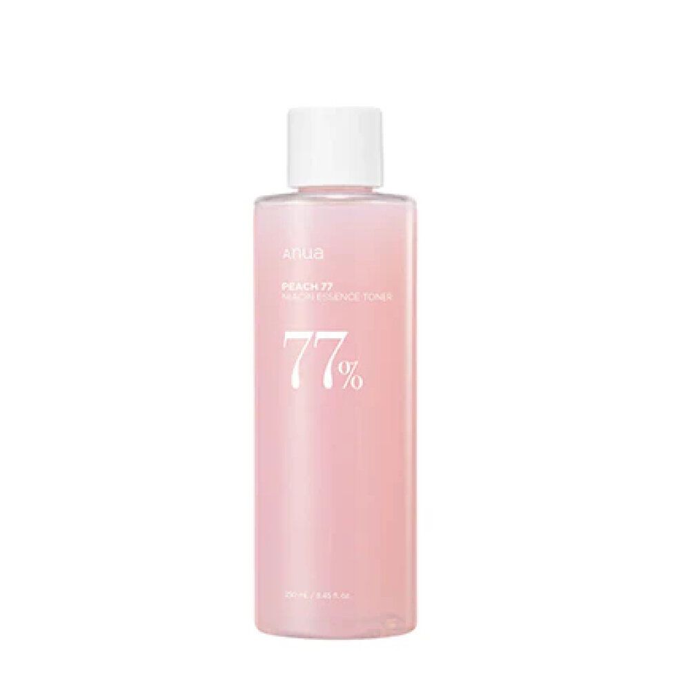 Ein blassrosa Toner in einer durchsichtigen Flasche mit weißem Verschluss. Beschriftung zeigt 'Anua Peach 77'.