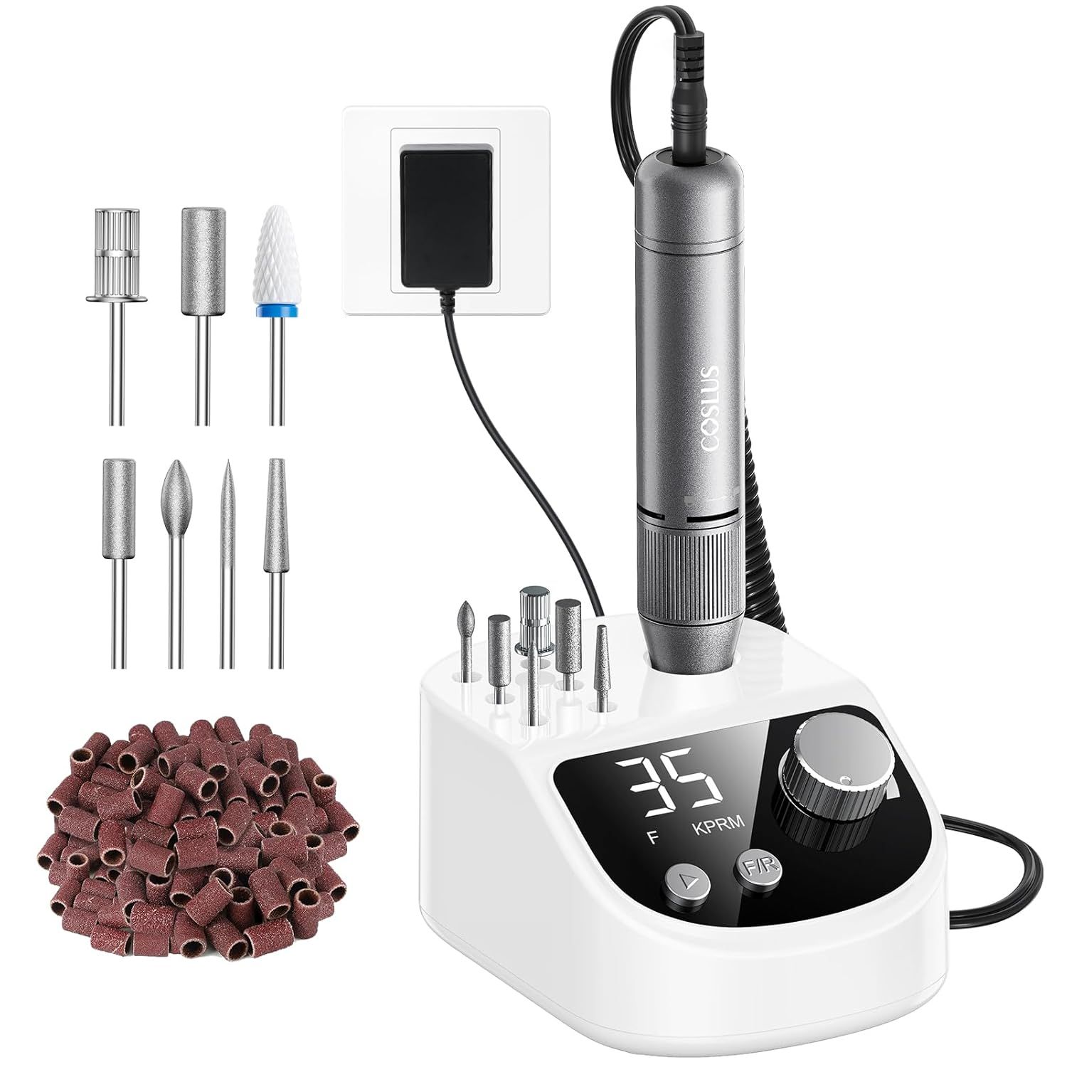 Elektrischer Nageltischbohrer mit Handstück, Ladestation, vielen Bits und Schleifbändern.
