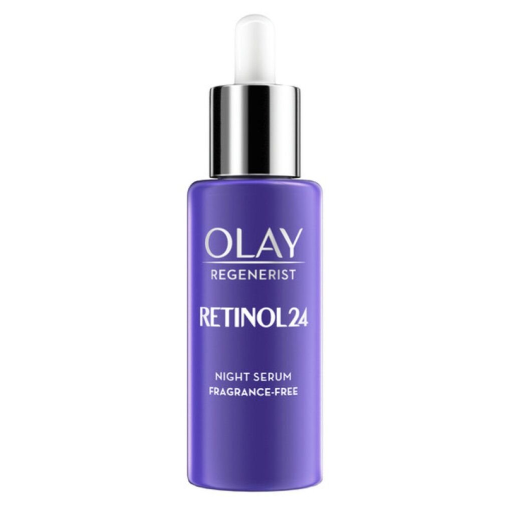 Violette Serumflasche mit silbernem Verschluss und Pipette. Olay Regenerist, Retinol 24. Aufschrift: Night Serum, Fragrance-Free.