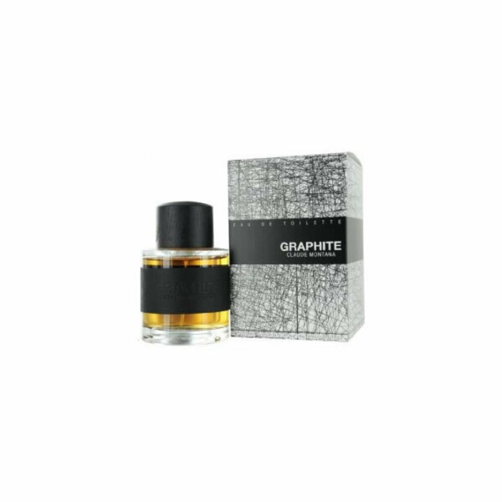 Flakon und Verpackung von Montana Graphite EdT. Schwarzer Deckel, schwarzes Etikett mit Schriftzug. Verpackung mit Muster.
