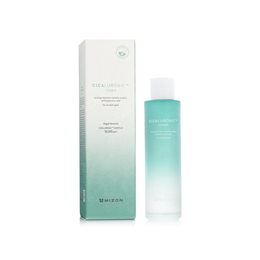 Produktverpackung mit Flasche und Karton. Aufschrift: Cicaluronic Toner. Marke: Mizon.