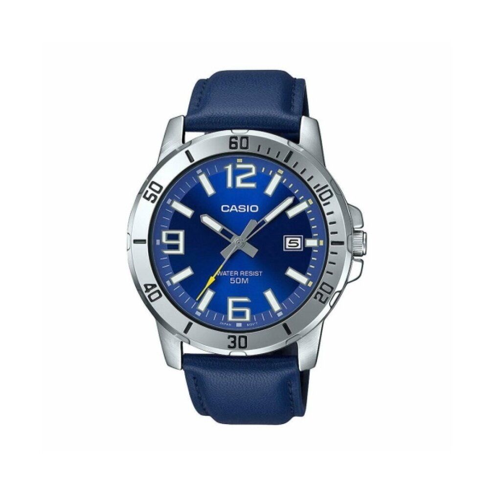 Herrenuhr mit blauem Zifferblatt und Lederarmband. Silberfarbenes Gehäuse, Datumsanzeige. Wasserdicht 50M.