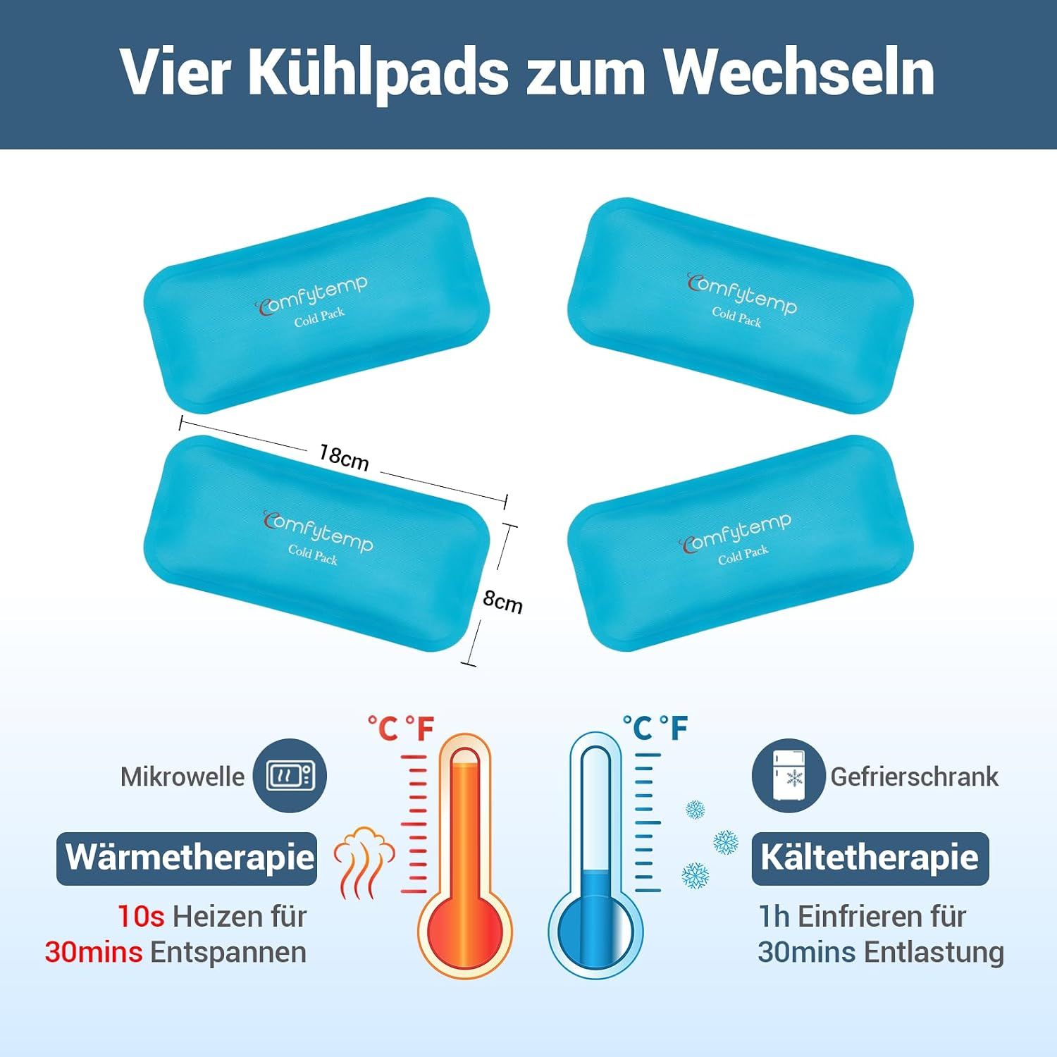 Vier blaue Kühlpacks, 18x8 cm, für Wärme- und Kältetherapie.