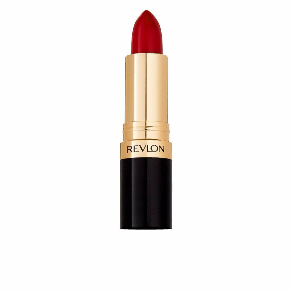 Roter Lippenstift mit goldener Hülse und schwarzem Boden. Marke: Revlon.