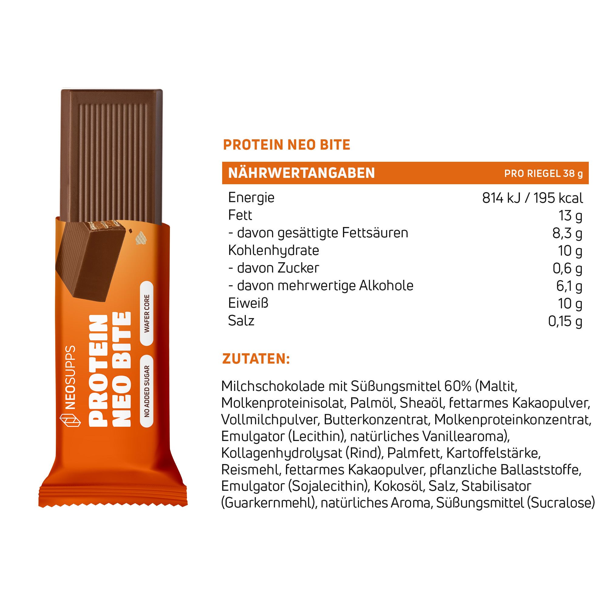 Proteinriegel in Verpackung mit Nährwertangaben. Aufdruck: Neo Bite, 10g Protein, NeoSupps Logo.