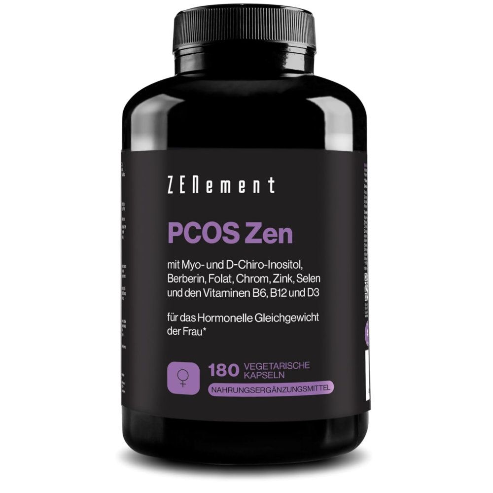 Schwarze Flasche mit weißer Aufschrift. Enthält 180 Kapseln. Aufschrift: Zenement PCOS Zen. Für das hormonelle Gleichgewicht der Frau.