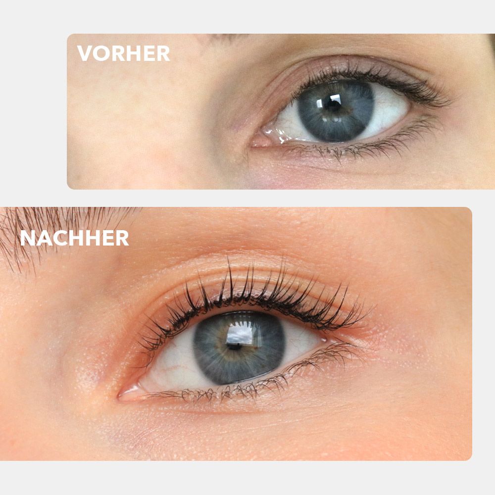 Nahaufnahme: Vorher-Nachher-Vergleich von Augen und Wimpern mit KU2 Wimpernserum.