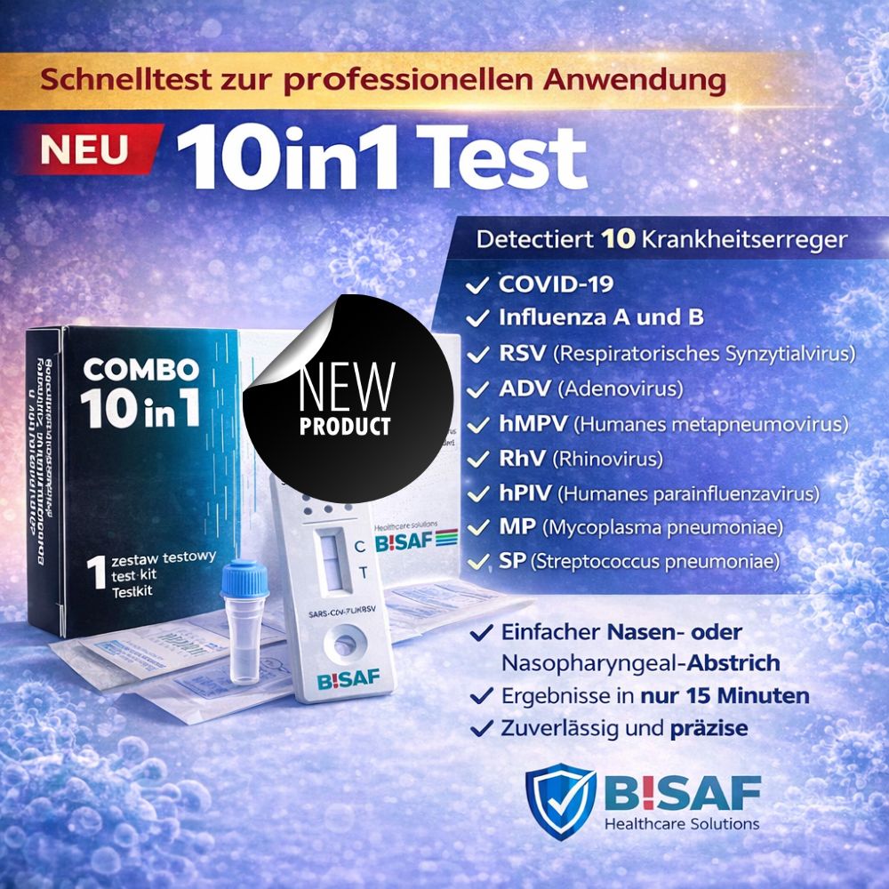 BISAF 10in1 Schnelltest für professionelle Anwendung. Detektiert 10 Krankheitserreger, inkl. COVID-19. Einfache Anwendung.