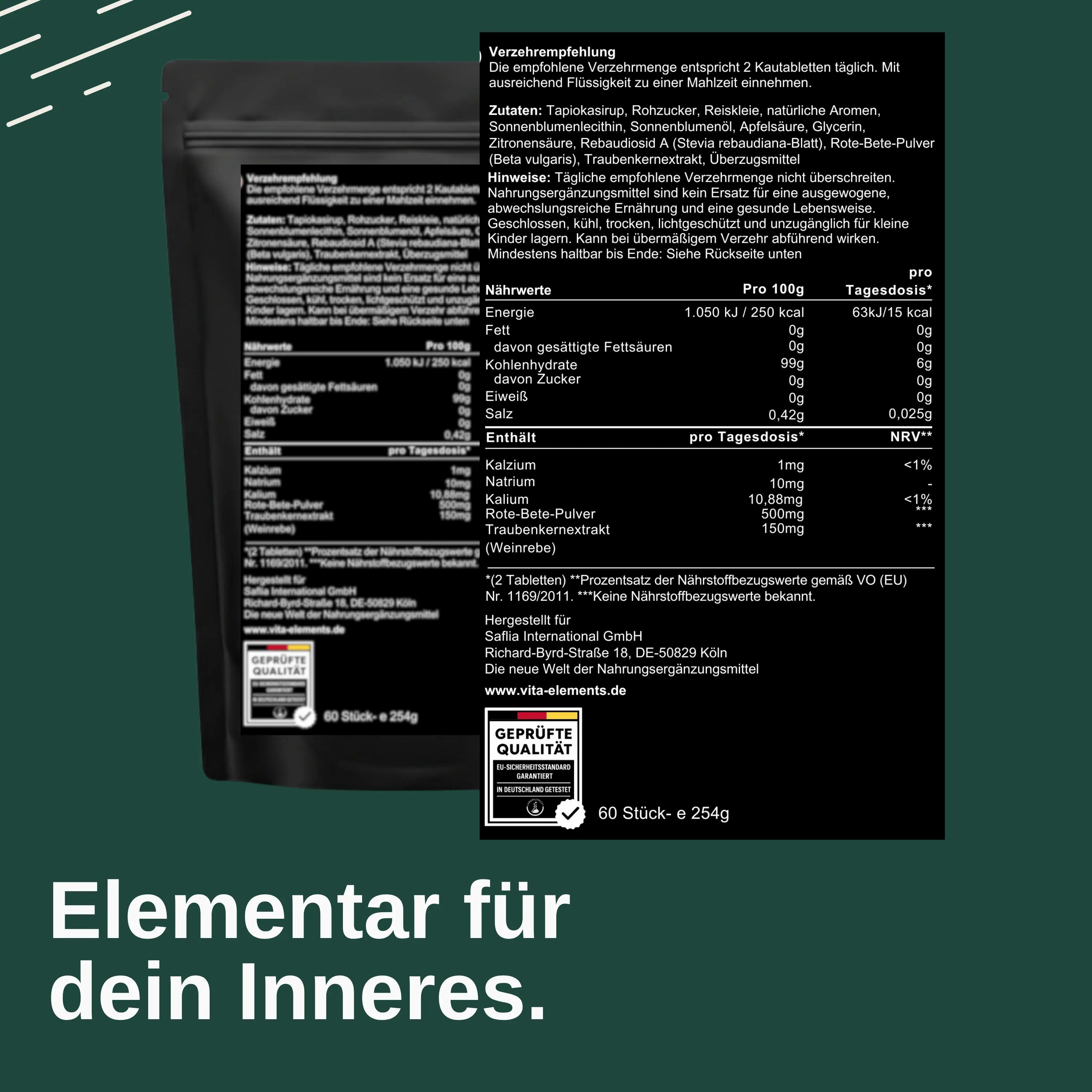 Rückseite des Beutels: Nährwertangaben, Inhaltsstoffe, Verzehrempfehlung für Vita Elements Rote Bete Kautabletten.