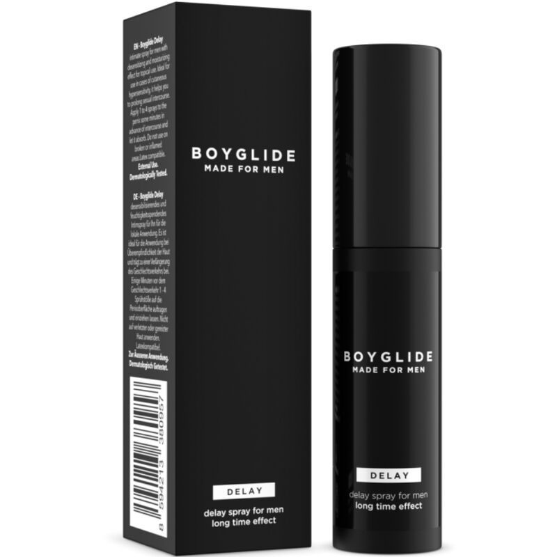 Schwarze Sprühflasche und Verpackung. Beschriftung: BOYGLIDE MADE FOR MEN, DELAY, delay spray for men long time effect. Verpackung mit Text und Symbolen.