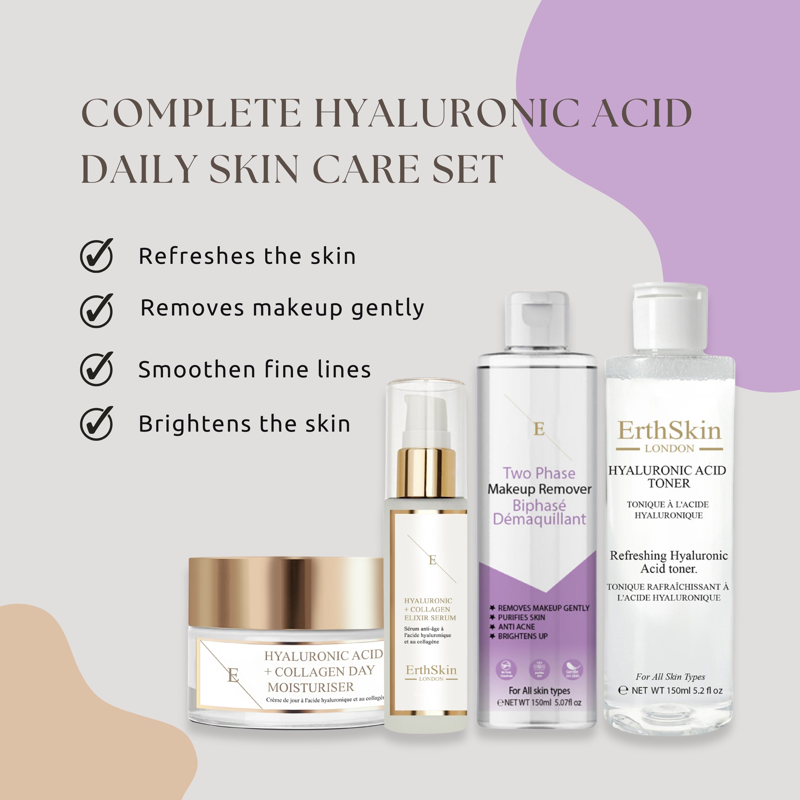 Kosmetik-Set mit Tagescreme, Serum, Make-up-Entferner und Toner. Text: 'Complete Hyaluronsäure Daily Skin Care Set'. Weiße Etiketten mit Text.