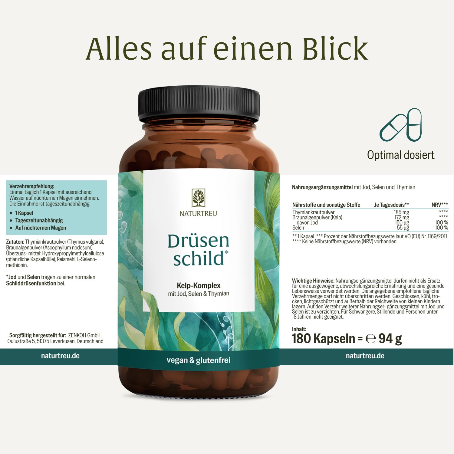 Flasche DRÜSENSCHILD mit detaillierten Informationen zu Inhaltsstoffen und Dosierung.