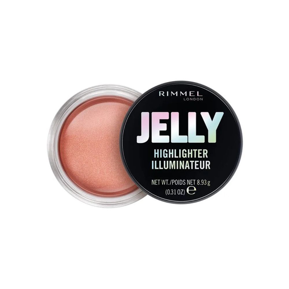 Runder Tiegel mit Deckel. Aufschrift: Rimmel London, Jelly Highlighter Illuminateur. Inhalt: 8,93 g (0,31 OZ). Rosa Highlighter sichtbar.