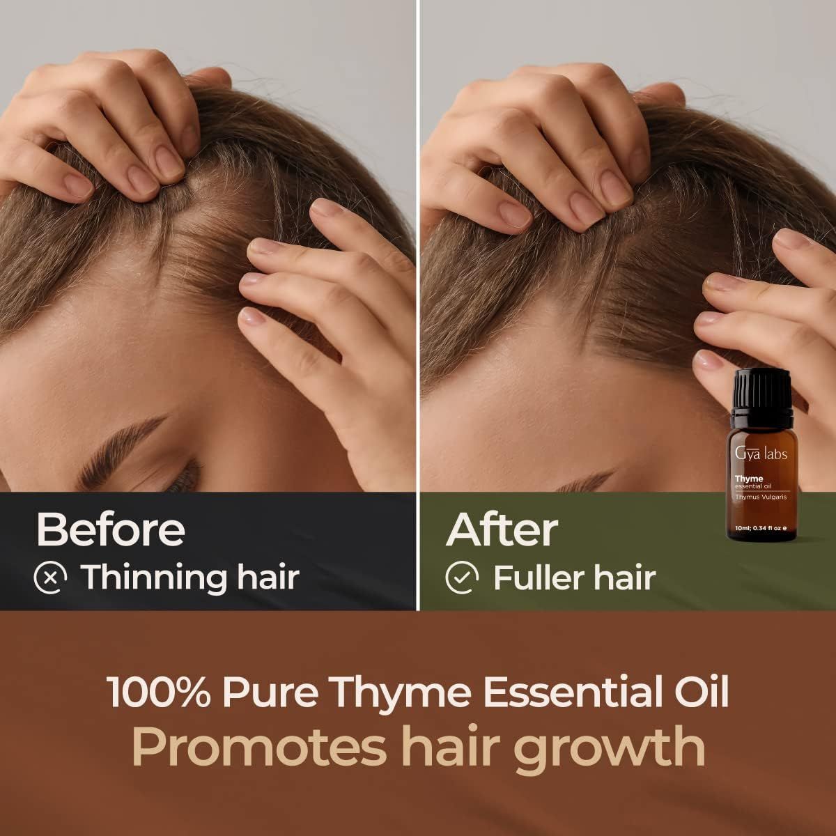 Vergleichsbild: Dünnes Haar vs. volleres Haar. Gya Labs Thymianöl-Flasche. Text: 100% reines Thymian-Ätherisches Öl fördert das Haarwachstum.