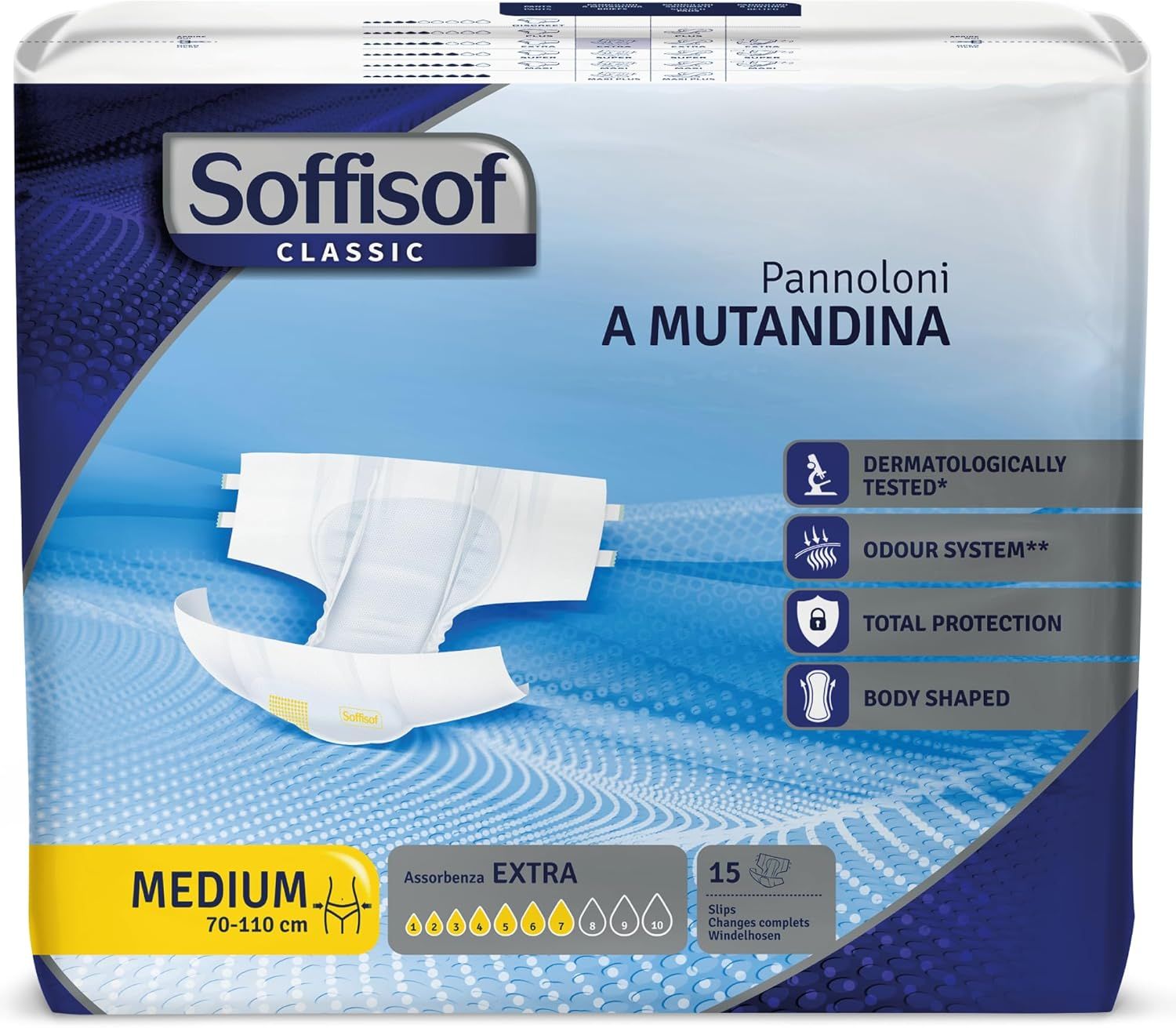 Verpackung mit Soffisof Classic Windeln für Erwachsene. Größe Medium, 70-110 cm Hüftumfang. 15 Stück. Extra Saugfähigkeit.