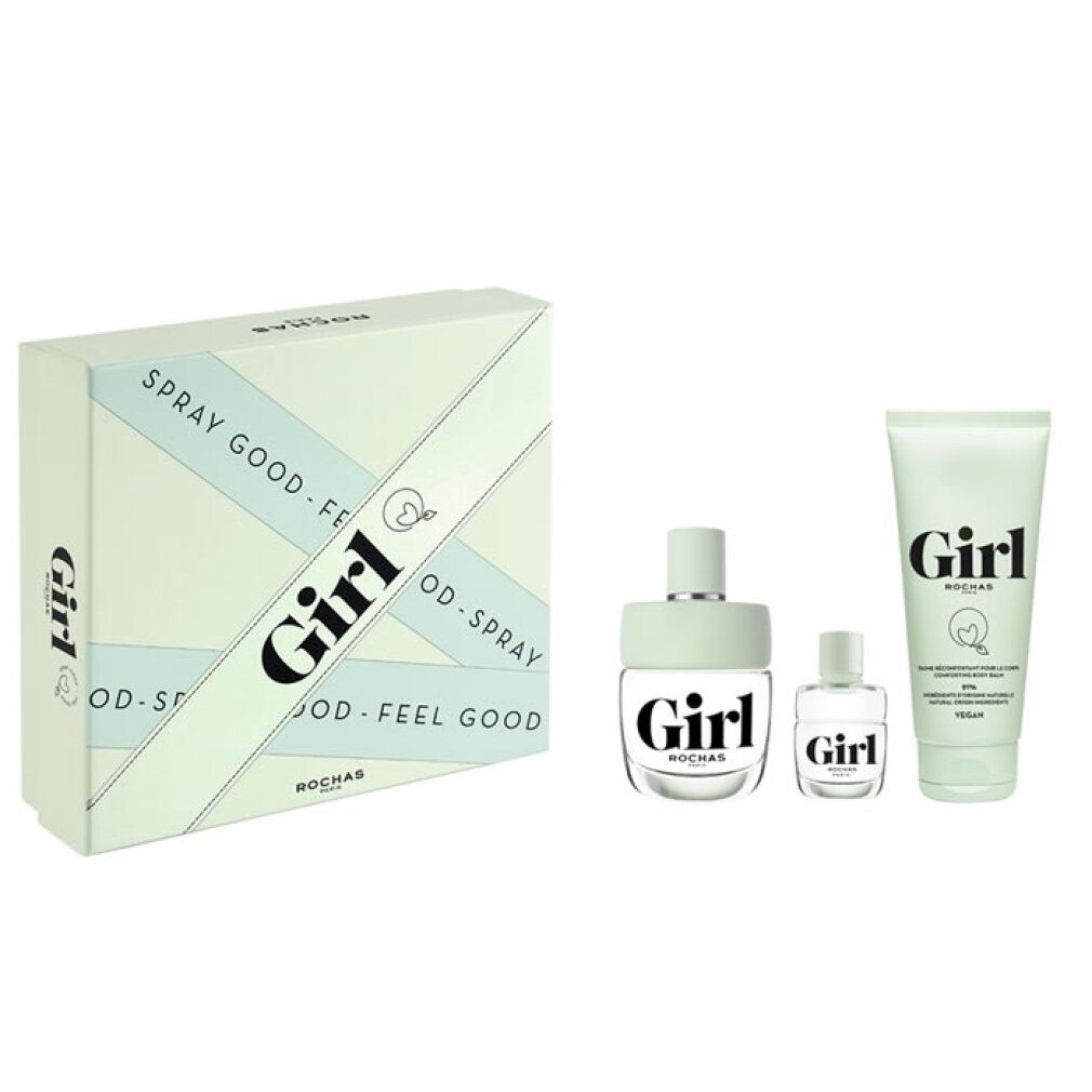 Rochas Girl Set: Eau de Toilette Flakon, kleiner Flakon und Peeling-Gel Tube.