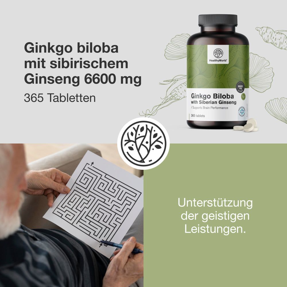 Produktwerbung. Braune Flasche mit Tabletten. Aufschrift: Ginkgo biloba mit sibirischem Ginseng 6600 mg. Logo: HealthyWorld. Mann löst ein Labyrinth.