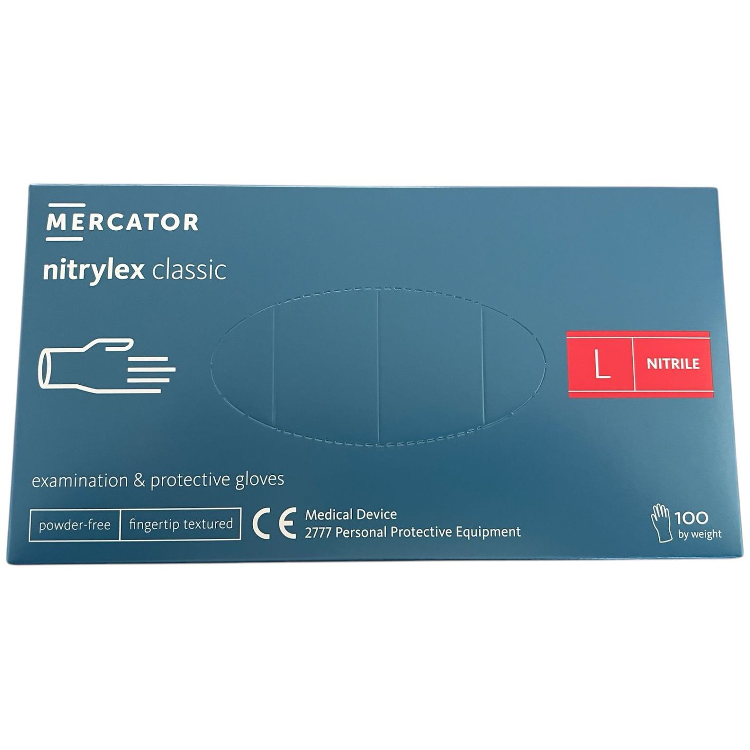 Blaues Karton mit Handschuhen. Aufschrift: MERCATOR nitrylex classic, examination & protective gloves, L, NITRILE, 100 by weight.
