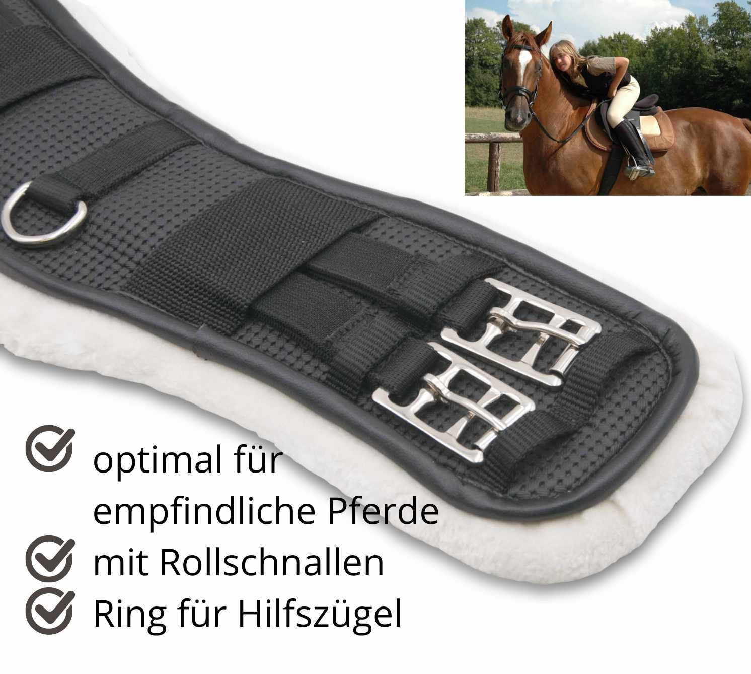 Schwarzer Sattelgurt mit Kunstfell und Rollschnallen. Optimal für empfindliche Pferde. Mit Ring für Hilfszügel.
