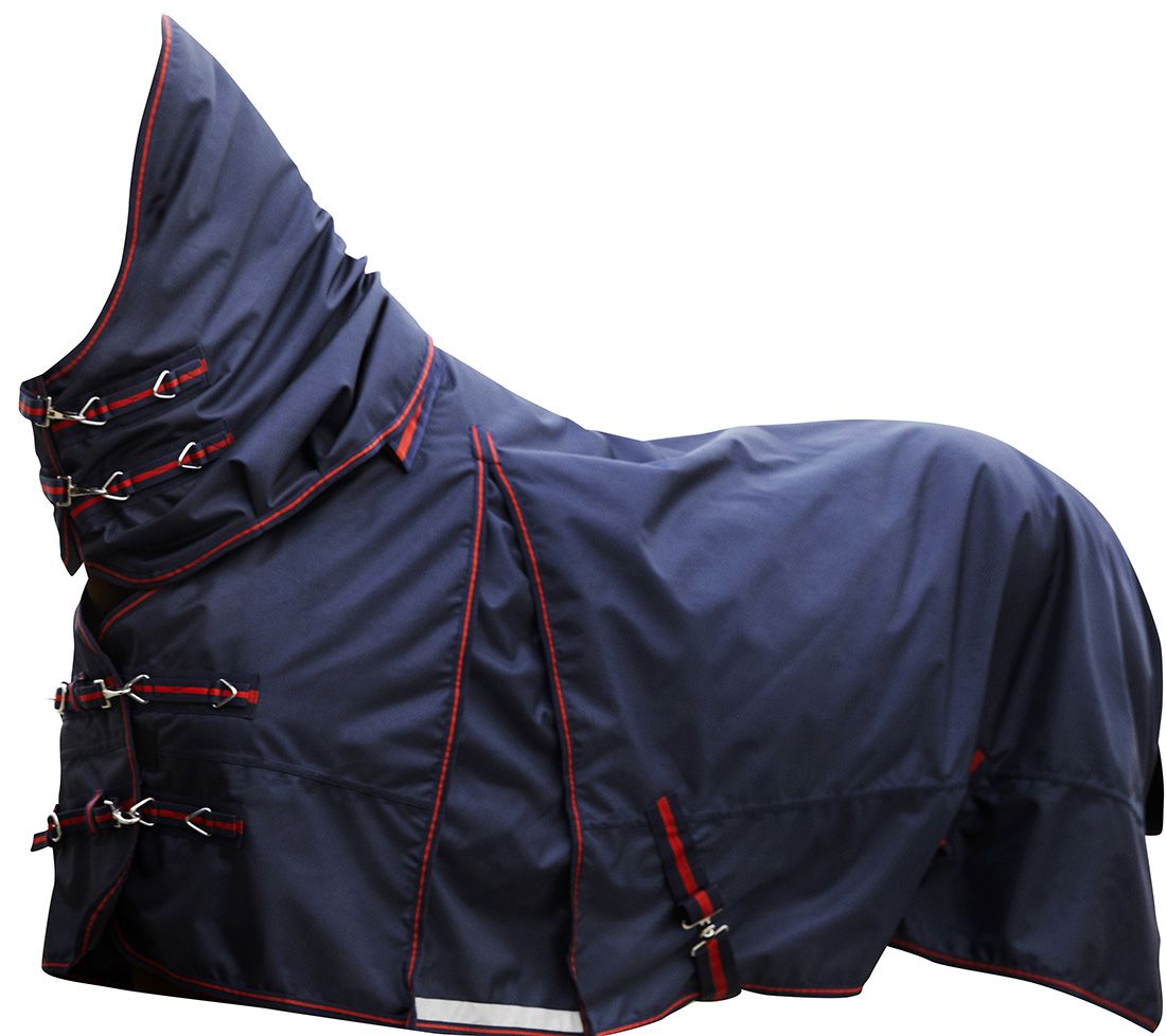 Blaue Pferdedecke mit roter Paspelierung und silbernen Schnallen. Mit Kapuze.