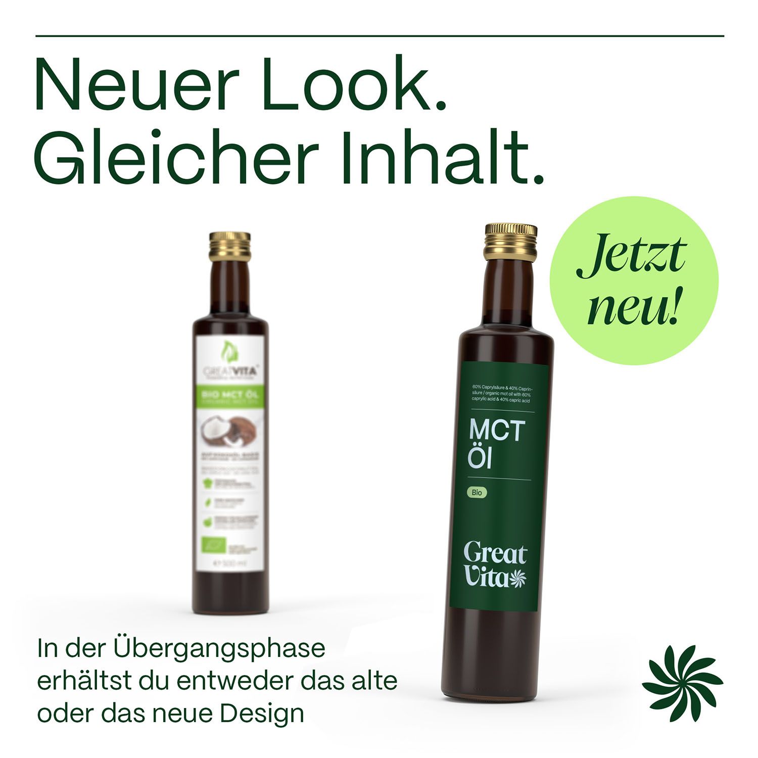 Zwei Flaschen Great Vita Bio MCT Öl. Links altes Design, rechts neues Design. Text: Neuer Look. Gleicher Inhalt. Jetzt neu!