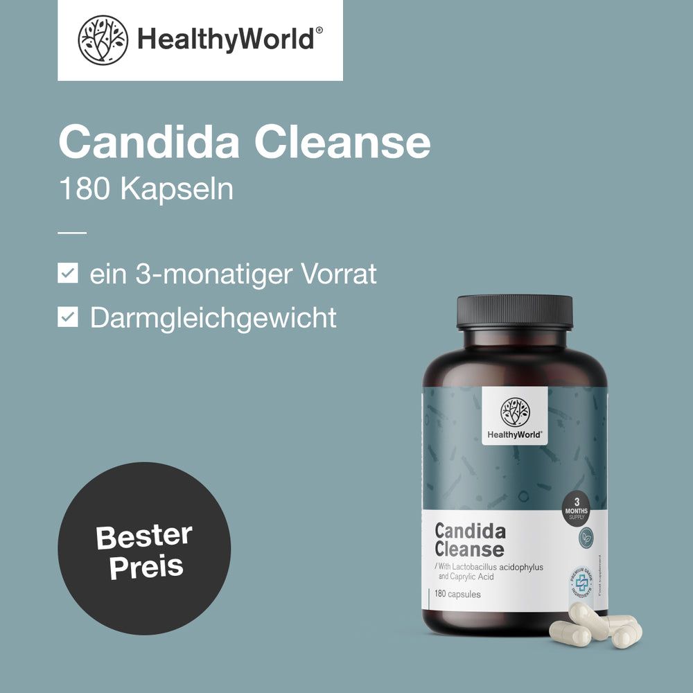 Flasche und Kapseln. Aufschrift: Candida Cleanse, 180 Kapseln. Logo: HealthyWorld. 3-Monats-Vorrat. Text: Darmgleichgewicht. Bester Preis.