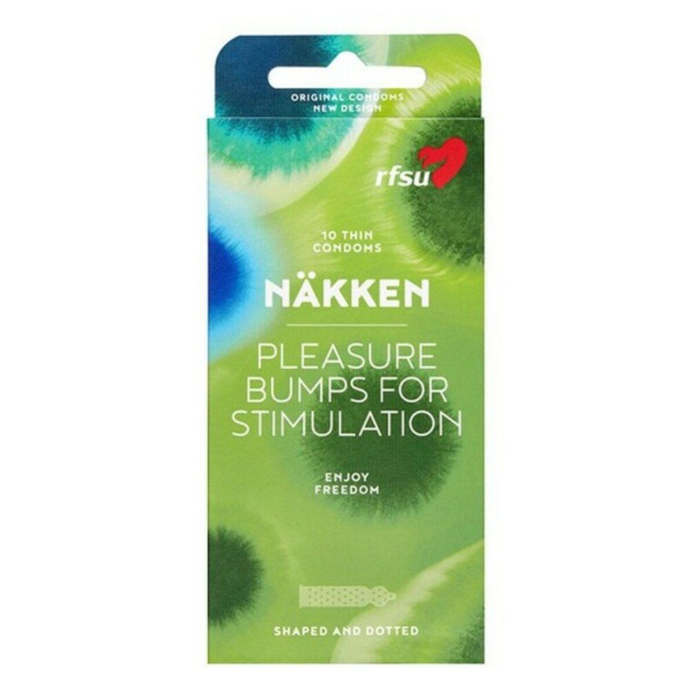 Kondomverpackung. Aufschrift: NÄKKEN, Pleasure Bumps for Stimulation. 10 Thin Condoms. Marke: RFSU. Grün und weiß.