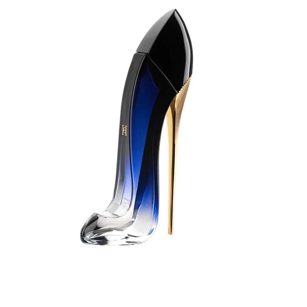 Parfümflakon in Form eines High Heels. Schwarz, blau und goldfarben. Mit "H"-Logo.