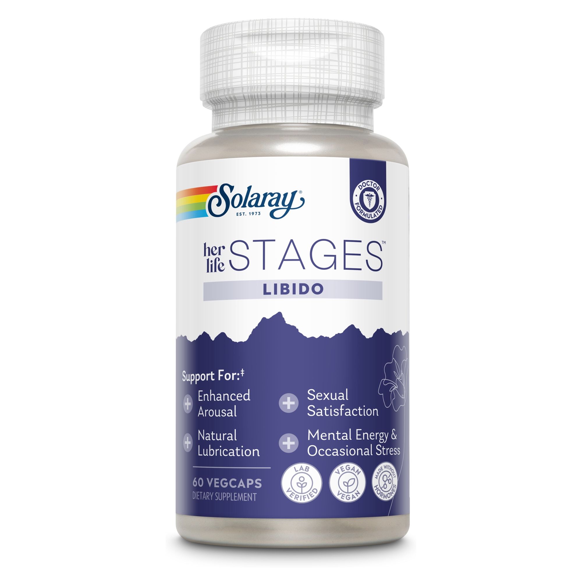 Solaray Stages Libido-Dose. 60 Vegcaps. Text: Enhanced Arousal, Natural Lubrication, Sexual Satisfaction, Mental Energy.