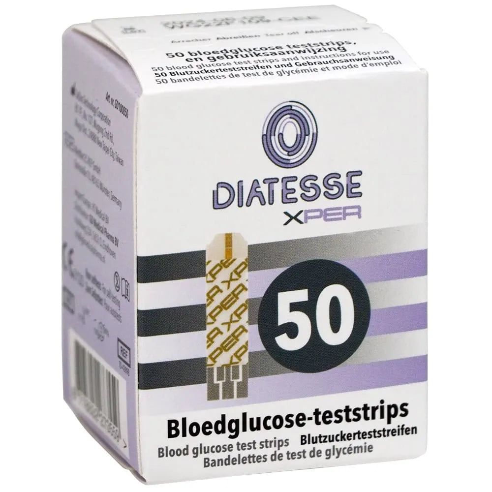 Diatesse Xper: 50 Blutzuckerteststreifen. Packung zeigt einen Teststreifen und die Zahl 50.
