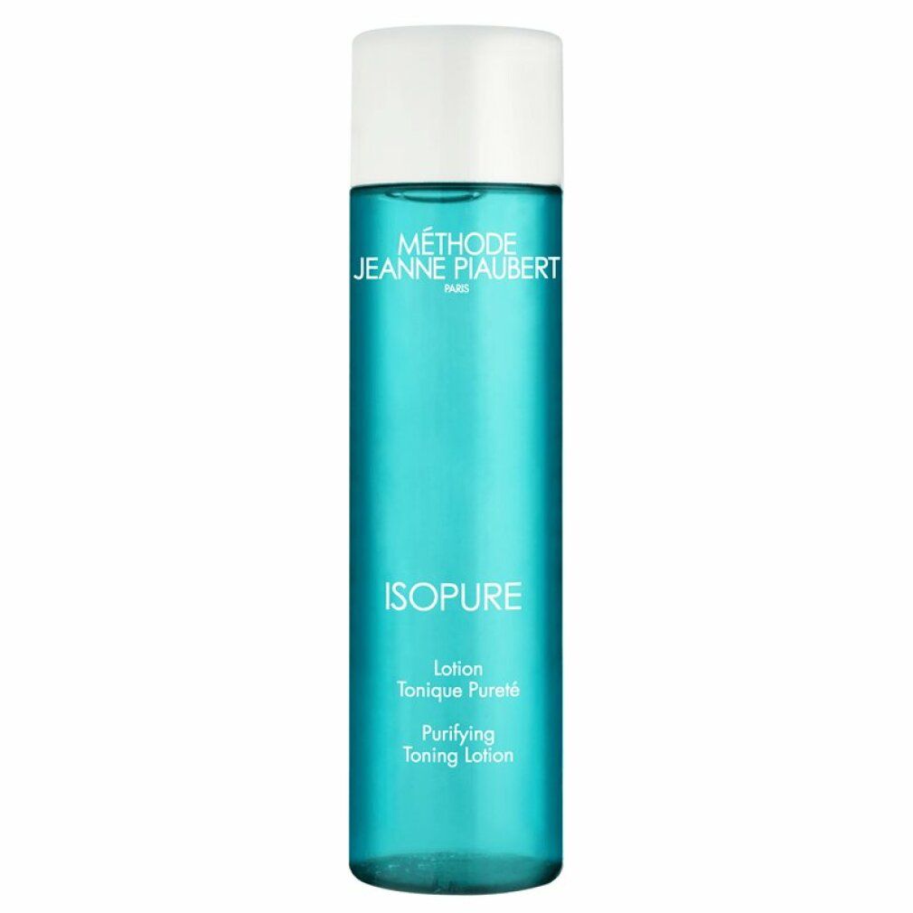 Zylindrische Flasche mit blauem Inhalt und weißem Deckel. Beschriftung: ISOPURE, Methode Jeanne Piaubert.