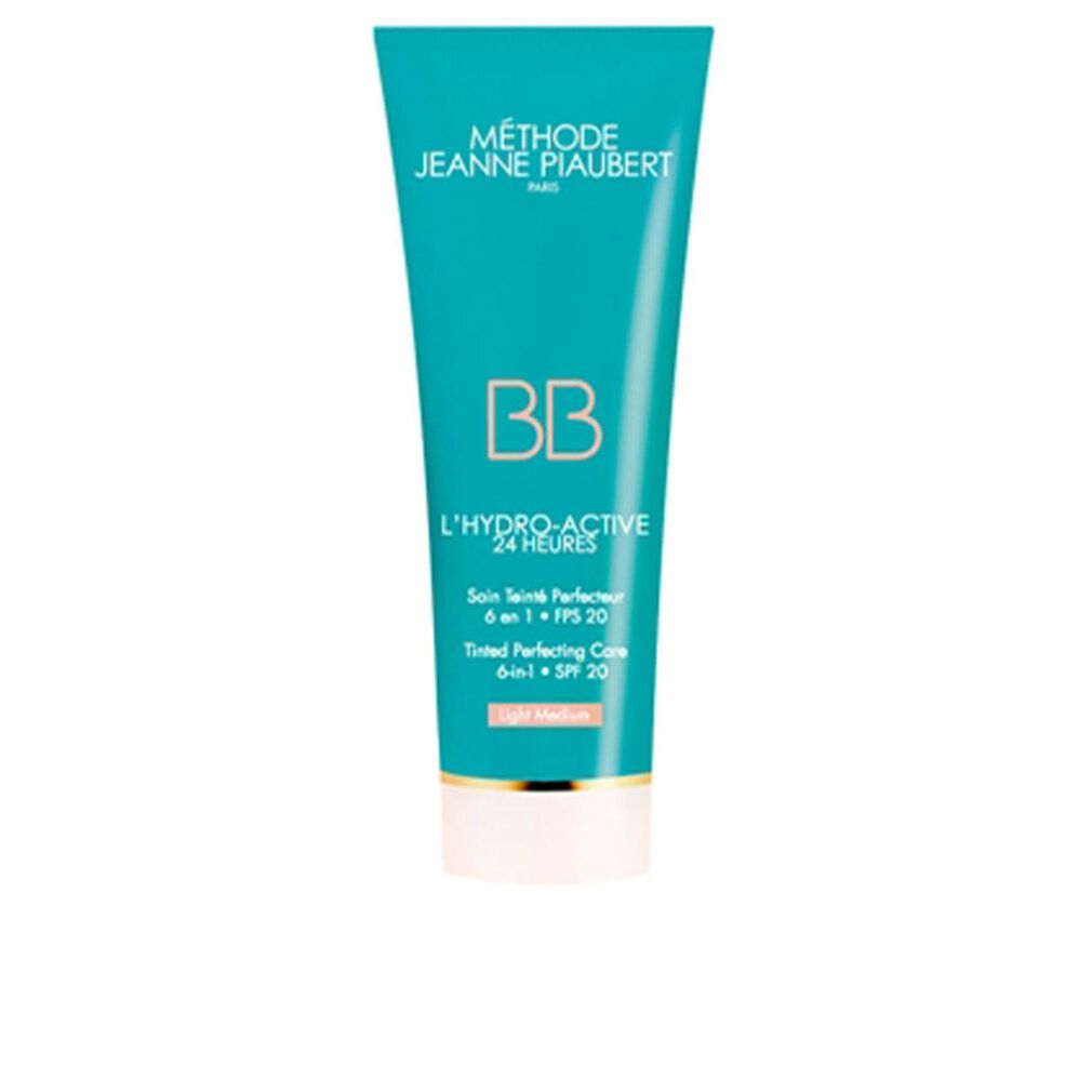 Türkisfarbene Tube mit weißem Deckel. Aufschrift: BB, L'HYDRO-ACTIVE 24 HEURES, SPF 20, Light Medium. Marke: Jeanne Piaubert.