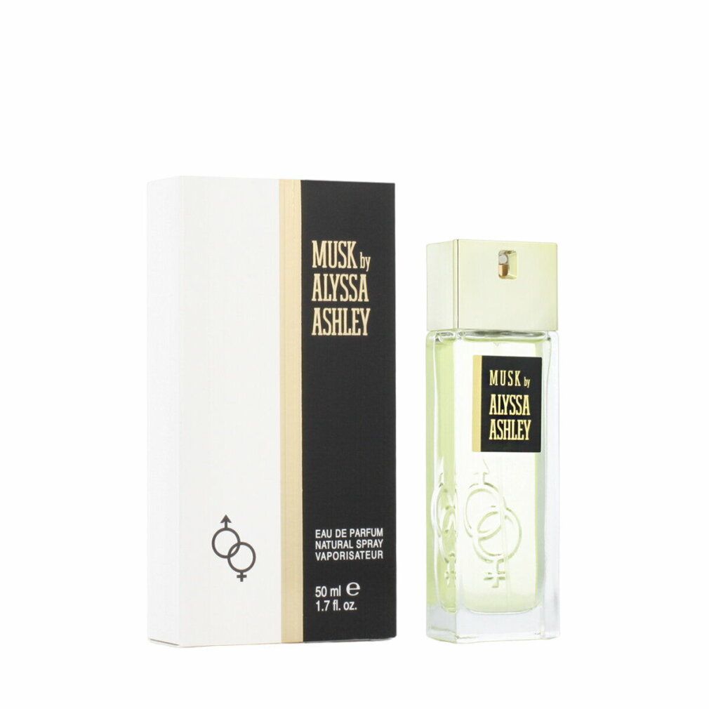 Parfümflasche und Schachtel. Aufschrift: Musk by Alyssa Ashley. 50 ml. Goldene Akzente.