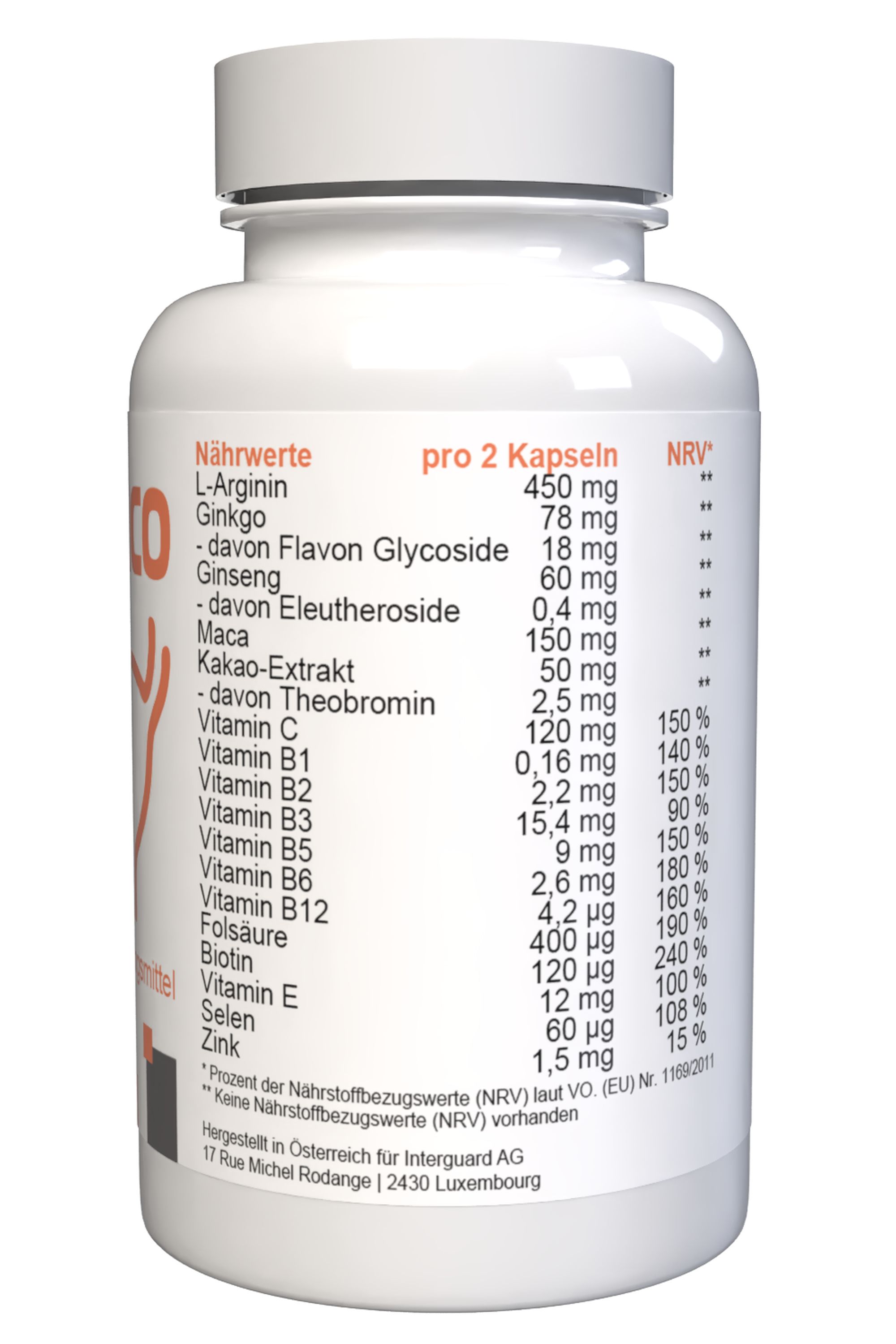 Rückseite der weißen Kapsel-Dose. Nährwerttabelle mit Inhaltsstoffen, Menge pro 2 Kapseln und Nährstoffbezugswert.