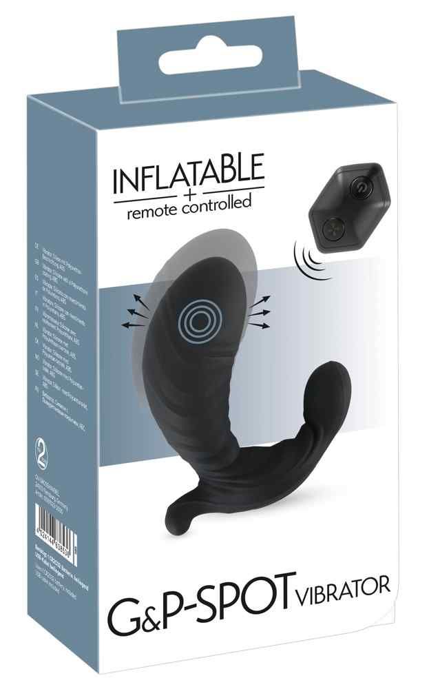 Verpackung eines aufblasbaren, ferngesteuerten G&P-Spot-Vibrators in Schwarz.