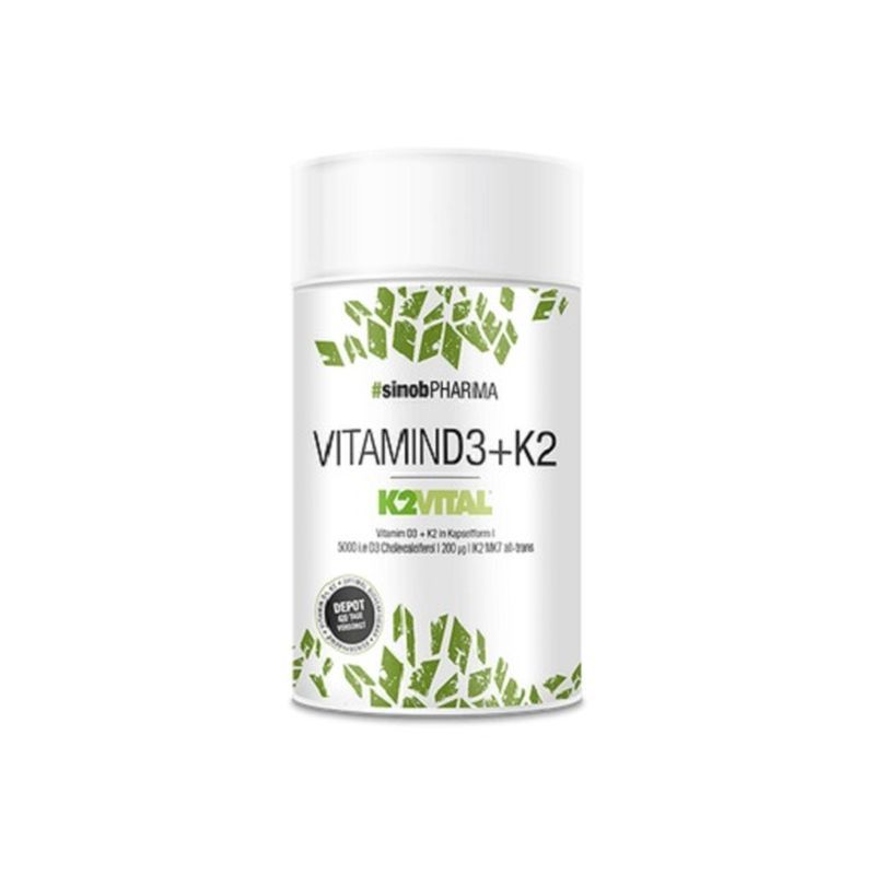 Zylindrische weiße Dose mit grünem Muster und Aufschrift VITAMIN D3+K2. Enthält K2VITAL. Marke: #sinobPHARMA.