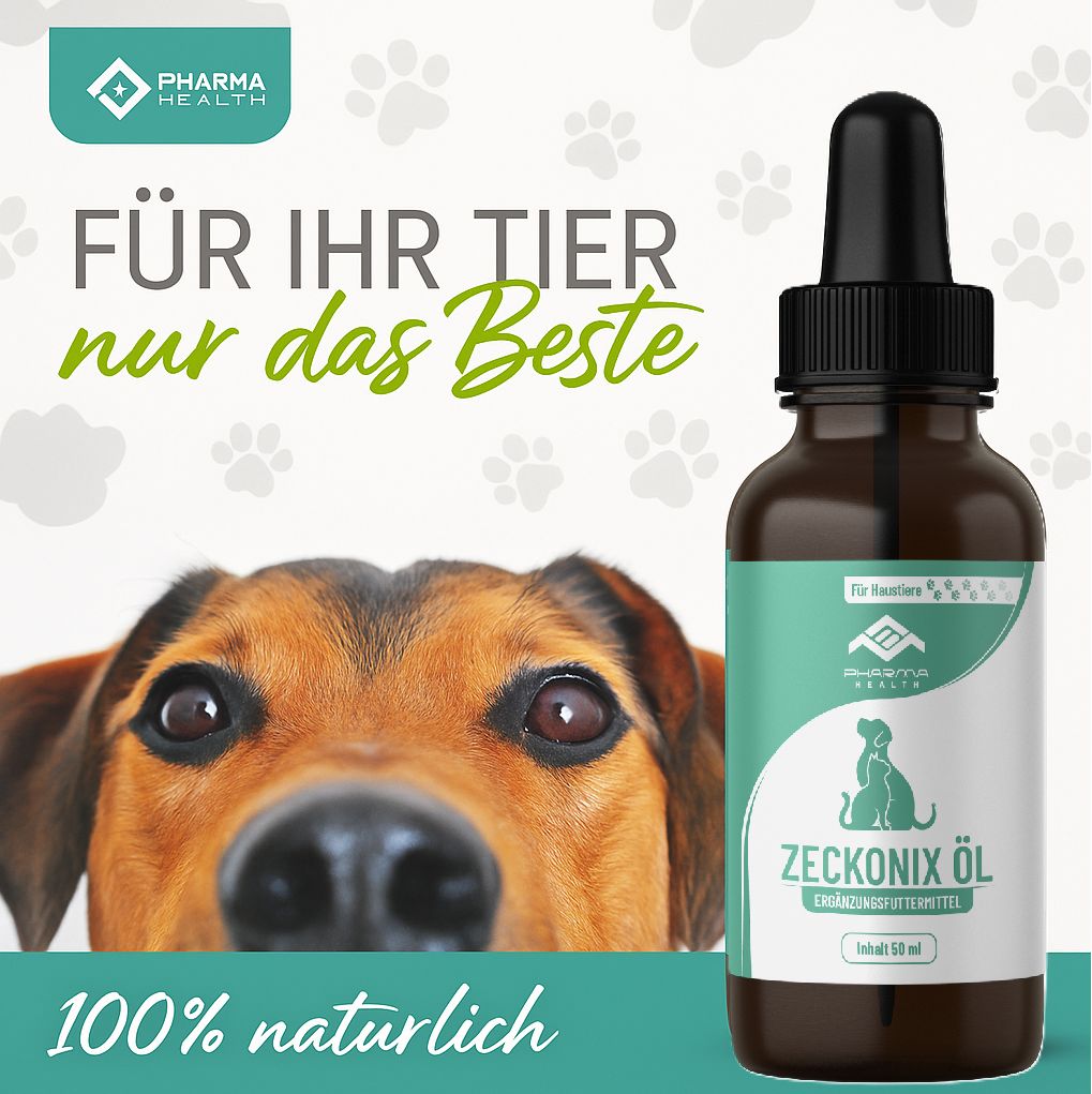 Braune Glasflasche mit Tropfer, vor Hundeblick. Text: Für Ihr Tier nur das Beste. 100% natürlich.