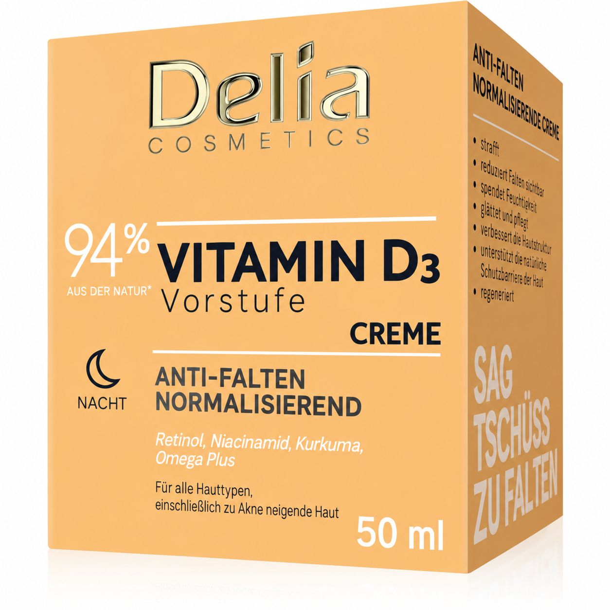 Faltschachtel für Delia Cosmetics Vitamin D3 Creme, 50 ml, mit Inhaltsstoffen.
