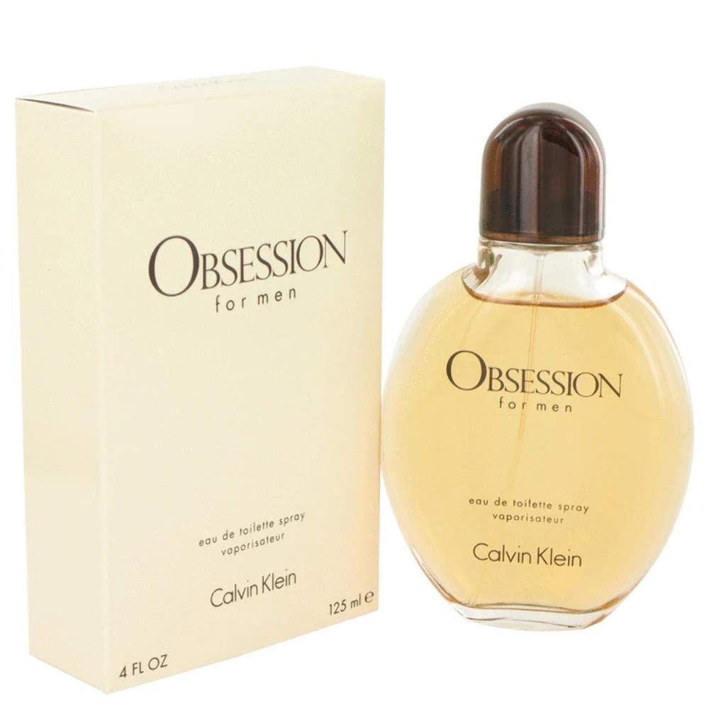 Calvin Klein Obsession for men Flakon und Verpackung. Runde Flasche, brauner Verschluss. Beige Karton, Produktname und Logo.