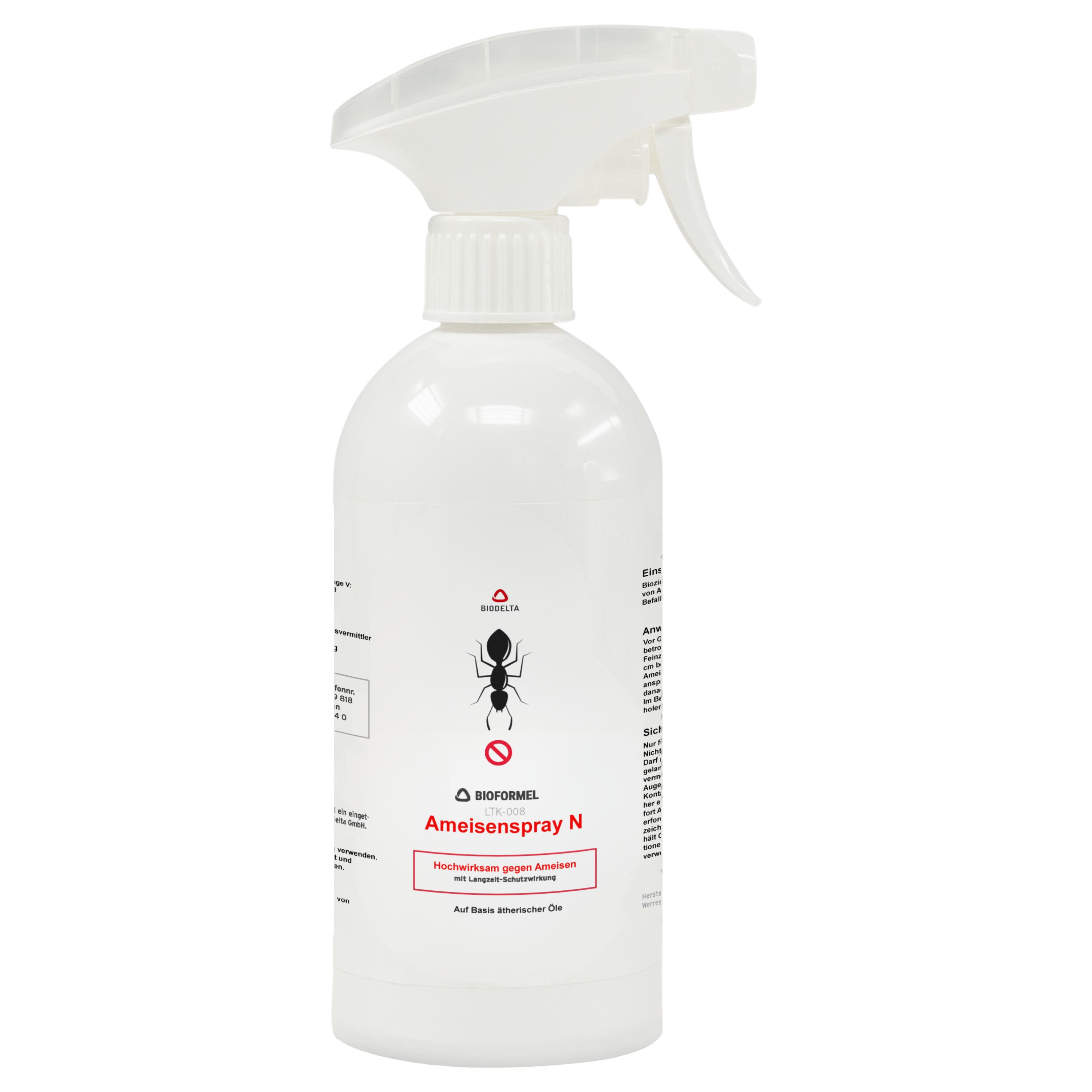 Weißes Spray mit Sprühkopf. Etikett mit Text: Ameisenspray N. Logo.