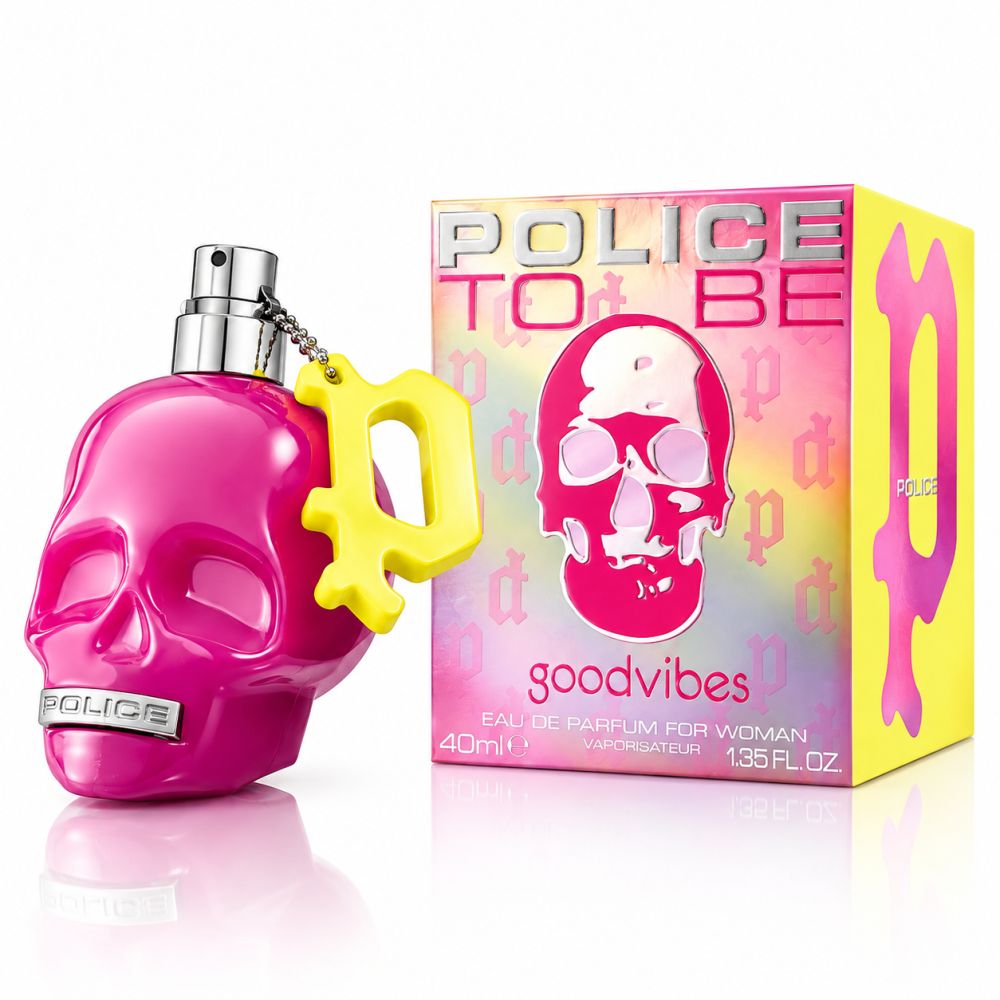 Police To Be Good Vibes Eau de Parfum für Damen, 40ml, in einem pinken Totenkopf-Flakon mit passender Schachtel.