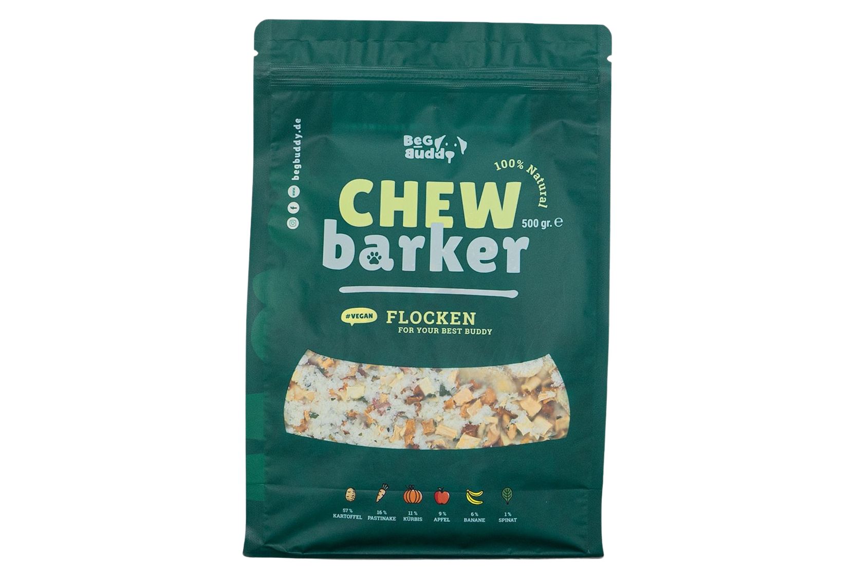 Grüne Verpackung mit Produktnamen "Chew Barker" und "Flocken". Sichtbares Produkt durch ein Fenster.