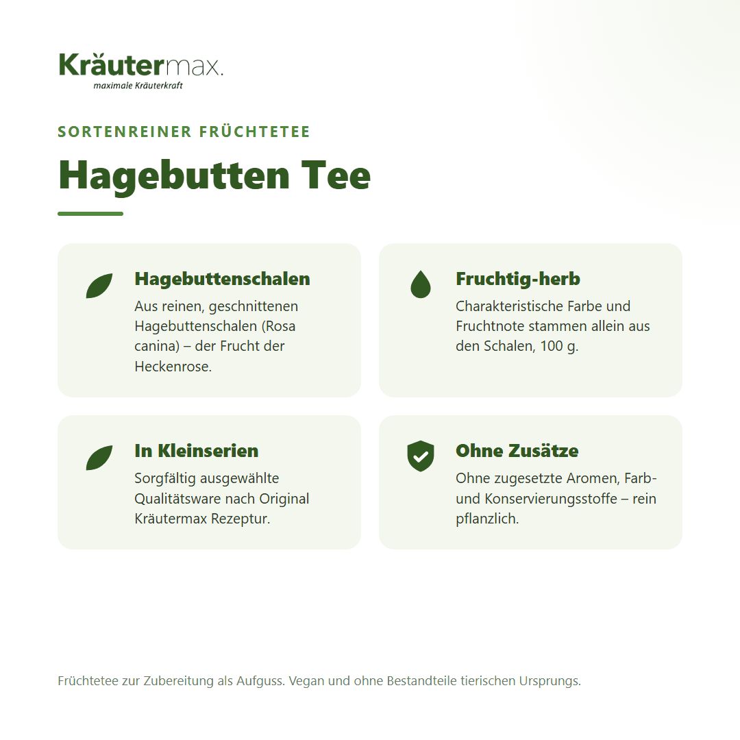 Kräutermax Hagebutten Tee: Fruchtig-herb, rein pflanzlich, ohne Zusätze.