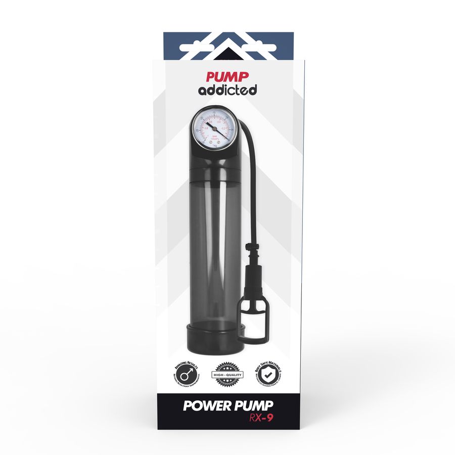 Verpackung mit Produktname und Logo. Transparente Pumpe mit Manometer und schwarzem Zylinder. "Power Pump RX-9" Text.