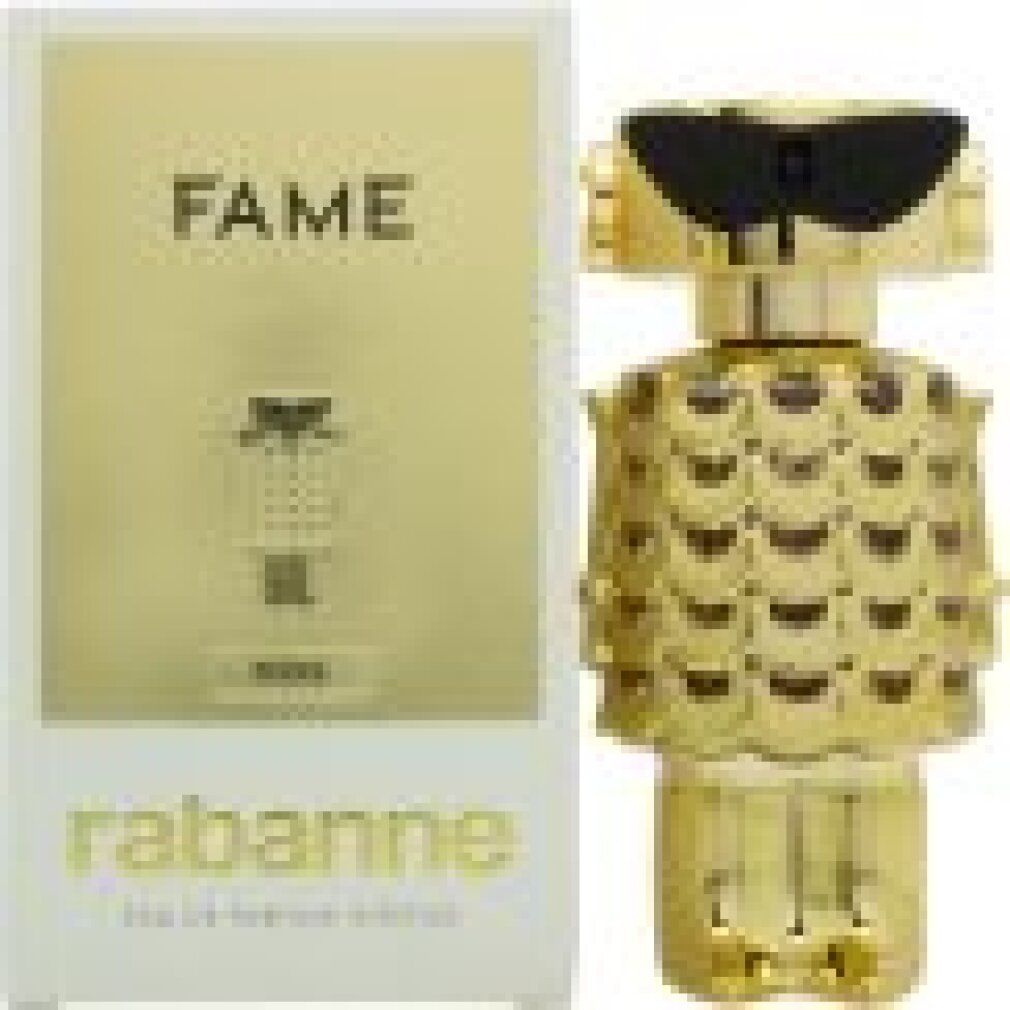 Goldfarbener Flakon mit schwarzer Sonnenbrille und Verpackung. Aufschrift: FAME, rabanne, Eau de Parfum Intense.