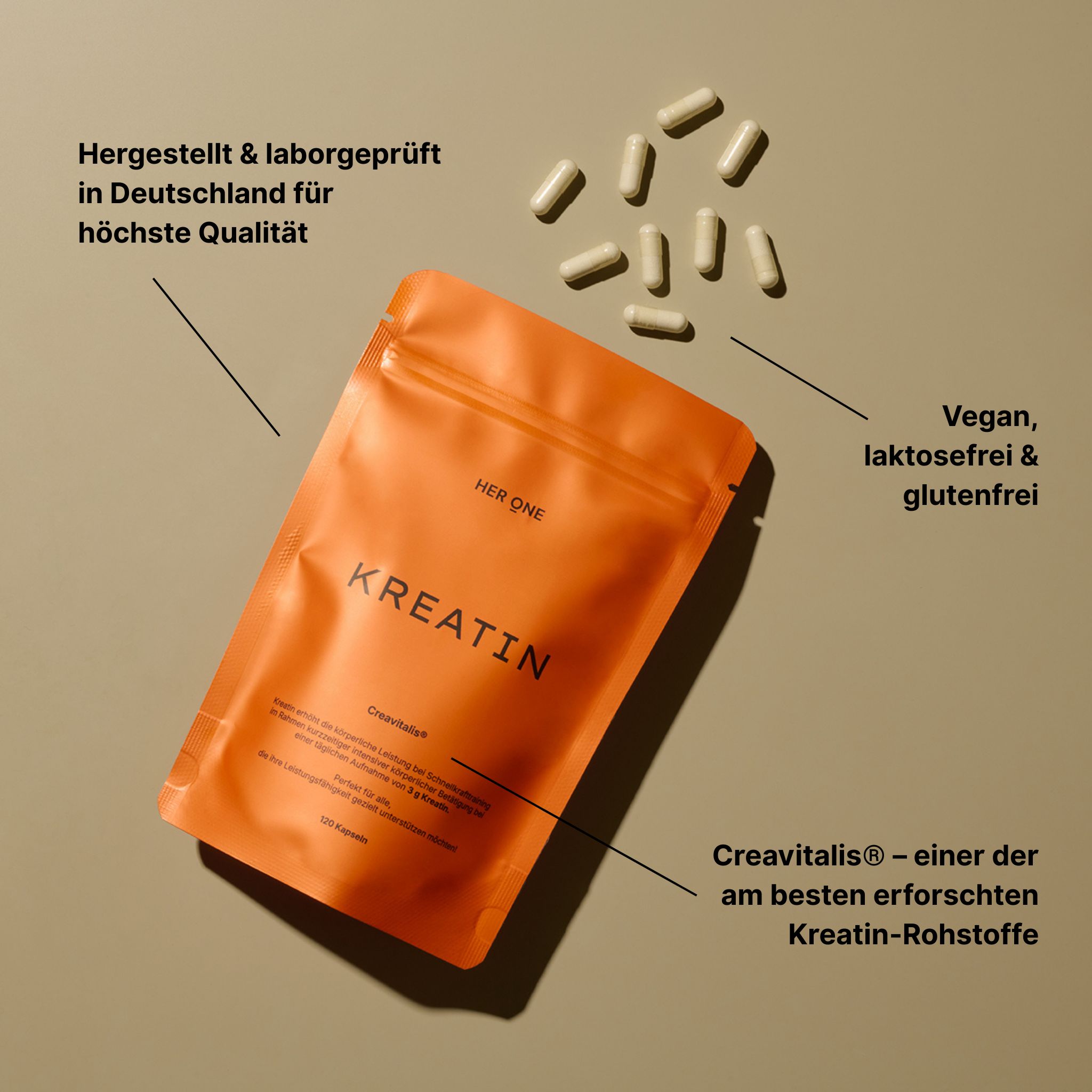 Orangefarbene Verpackung "HER ONE KREATIN" mit Kapseln. Text: "Vegan, laktosefrei & glutenfrei".