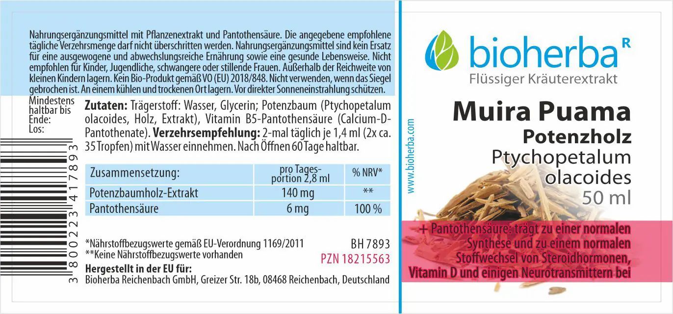 Etikett mit Produktinformationen. Text: Bioherba, Muira Puama, Potenzholz, Ptychopetalum olacoides. Zutaten, Verzehrempfehlung, Zusammensetzung.
