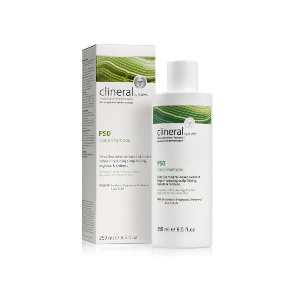 Clineral PSO Scalp Shampoo mit Verpackung. Weiße Flasche und Schachtel. Grünes Wellenmuster. Text: Psoriasis-Shampoo, 250 ml.