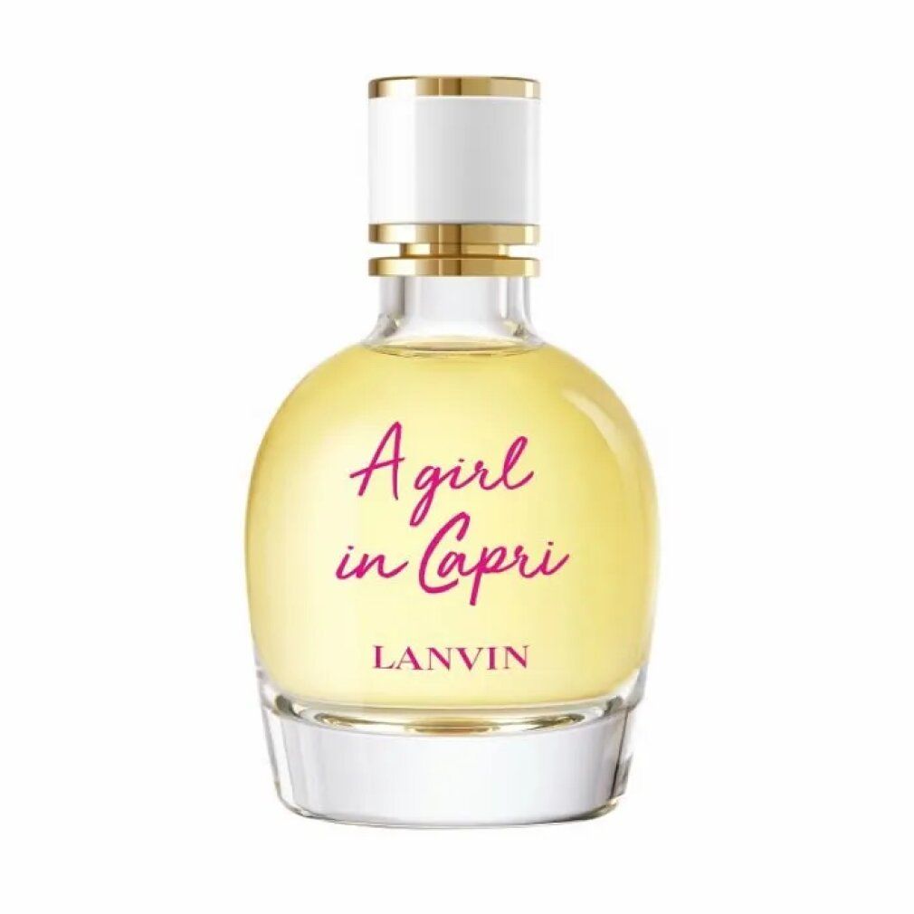 Runder Flakon mit gelber Flüssigkeit. Aufschrift: A girl in Capri, LANVIN. Weißer Deckel mit goldenen Akzenten.