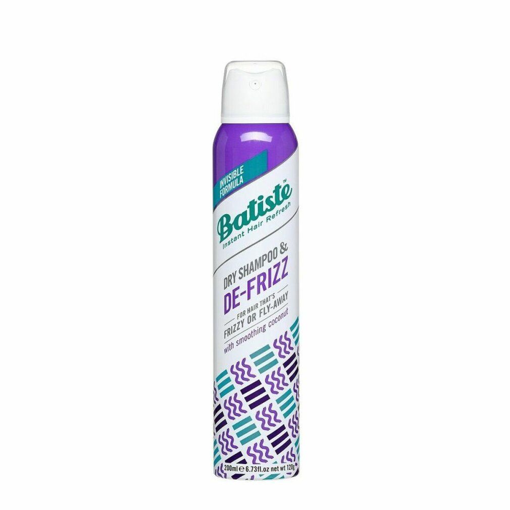 Batiste Trockenshampoo & De-Frizz Dose mit lila und türkisfarbenem Muster. 200ml.